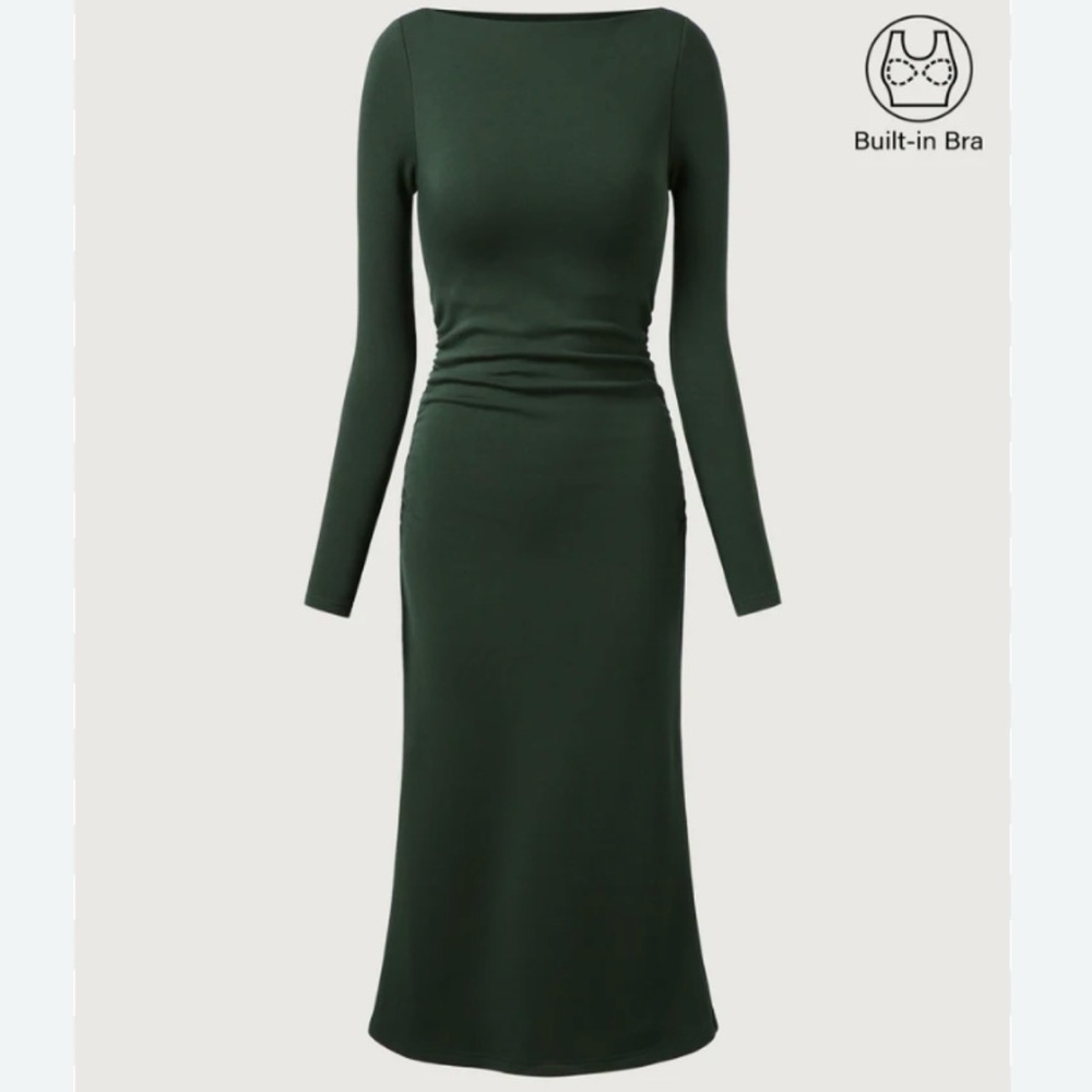 OGL Thermal Boatneck Ruched Sides Brain Midi Dress - Picture 2 of 11